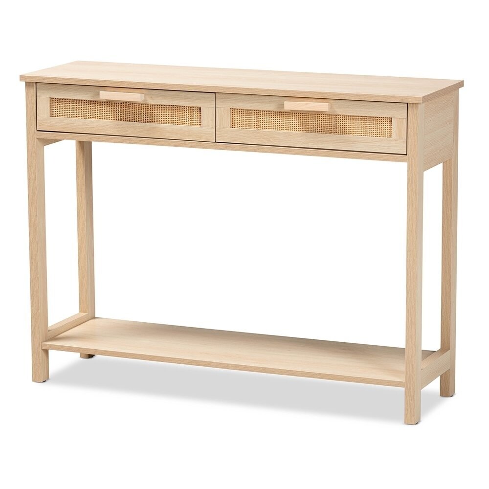 BAXTON STUDIO SEBILLE MID-CENTURY MODERN LIGHT BROWN FINISHED WOOD 2-DRAWER CONSOLE TABLE WITH NATURAL RATTAN