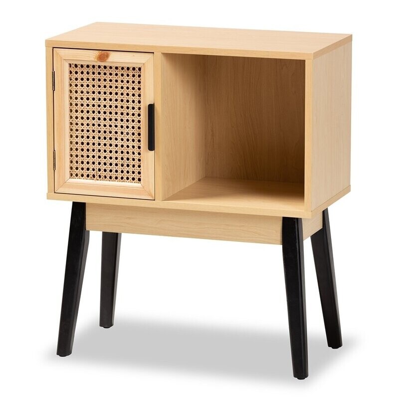 BAXTON STUDIO DACRE MID-CENTURY MODERN TRANSITIONAL TWO-TONE OAK BROWN AND BLACK FINISHED WOOD 1-DOOR CONSOLE TABLE WITH NATURAL RATTAN BAXTON STUDIO DACRE MID-CENTURY MODERN TRANSITIONAL TWO-TONE OAK BROWN AND BLACK FINISHED WOOD 1-DOOR CONSOLE TABLE WITH NATURAL RATTAN