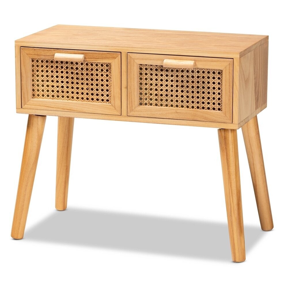 BAXTON STUDIO FALAN MID-CENTURY MODERN OAK BROWN FINISHED WOOD 2-DRAWER CONSOLE TABLE WITH RATTAN