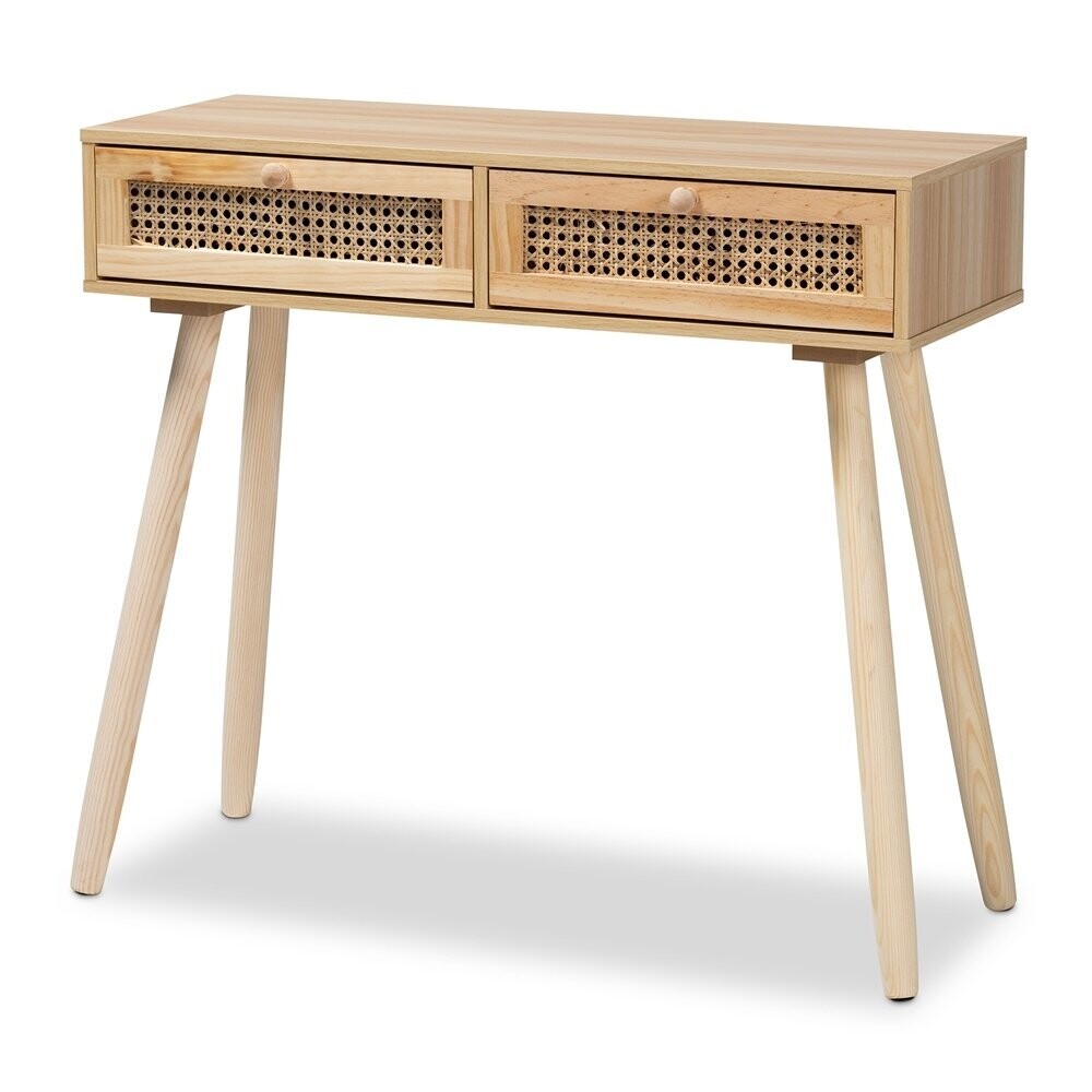 BAXTON STUDIO MACLEAN MID-CENTURY MODERN RATTAN AND NATURAL BROWN FINISHED WOOD 2-DRAWER CONSOLE TABLE