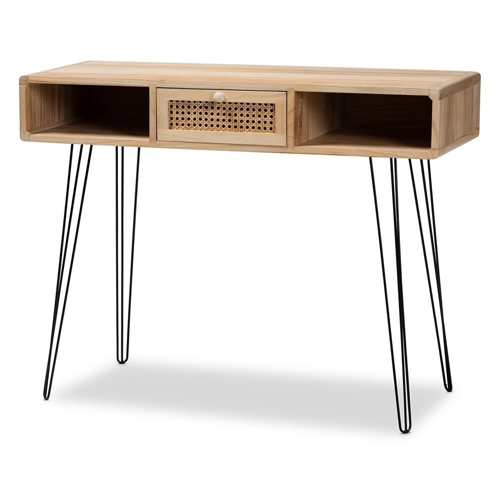 BAXTON STUDIO HARRELL MID-CENTURY MODERN TRANSITIONAL OAK BROWN FINISHED WOOD AND BLACK METAL 1-DRAWER CONSOLE TABLE