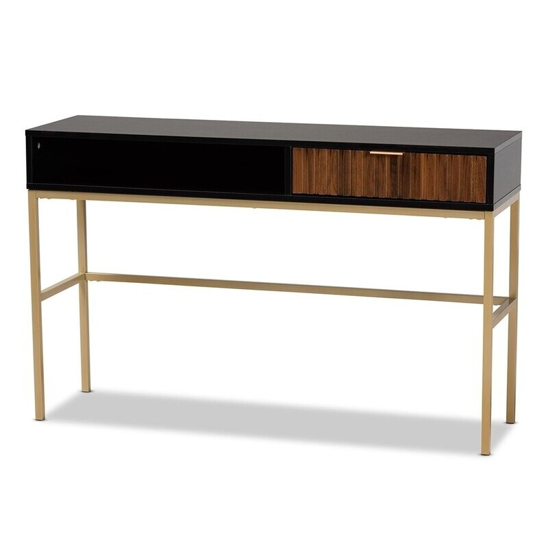 BAXTON STUDIO URIEL MID-CENTURY MODERN TRANSITIONAL TWO-TONE NATURAL BROWN AND BLACK FINISHED WOOD AND BRUSHED GOLD METAL 1-DRAWER CONSOLE TABLE BAXTON STUDIO URIEL MID-CENTURY MODERN TRANSITIONAL TWO-TONE NATURAL BROWN AND BLACK FINISHED WOOD AND BRUSHED GOLD METAL 1-DRAWER CONSOLE TABLE