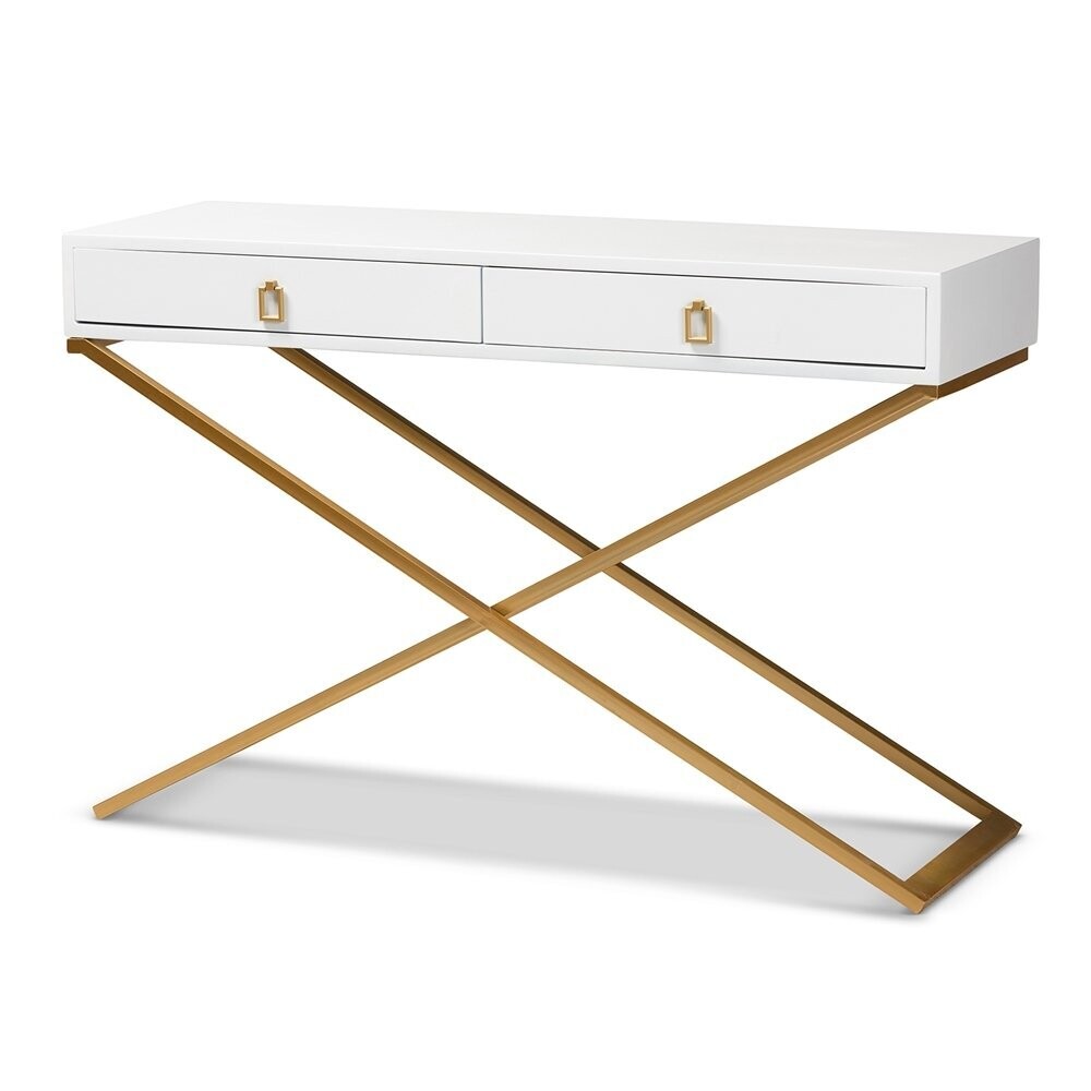 BAXTON STUDIO MADAN MODERN AND CONTEMPORARY WHITE FINISHED WOOD AND GOLD METAL 2-DRAWER CONSOLE TABLE