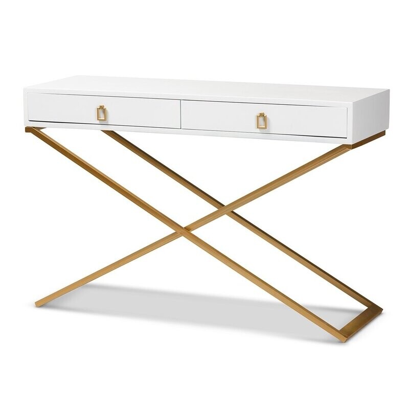 BAXTON STUDIO MADAN MODERN AND CONTEMPORARY WHITE FINISHED WOOD AND GOLD METAL 2-DRAWER CONSOLE TABLE