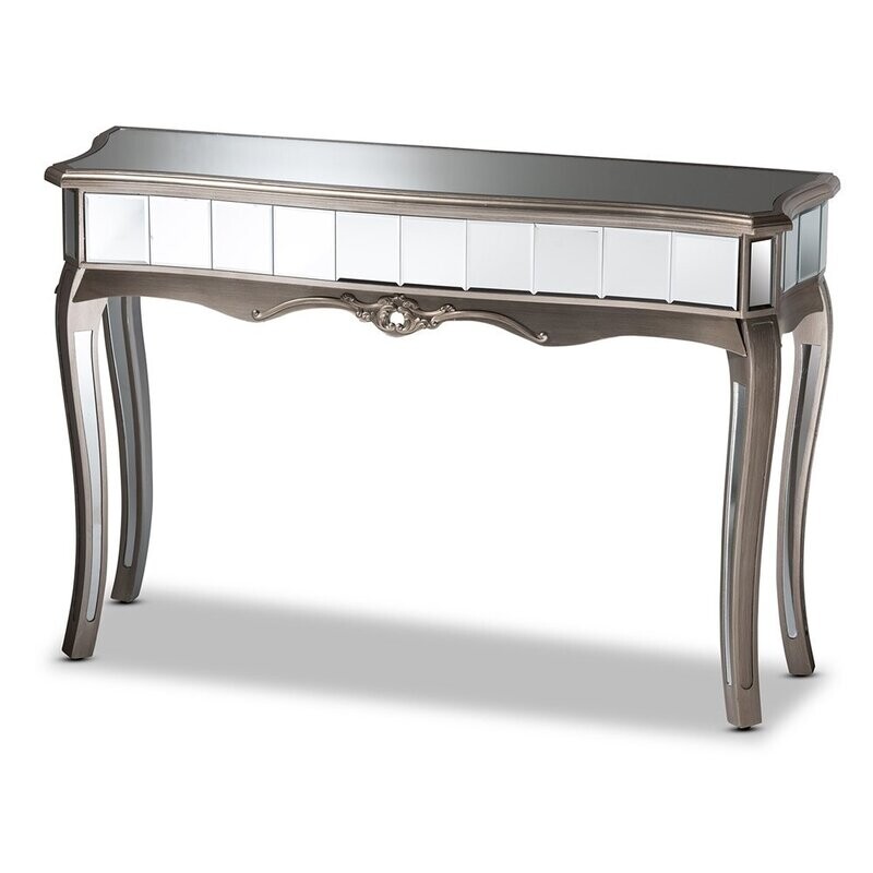 BAXTON STUDIO ELGIN CONTEMPORARY GLAM AND LUXE BRUSHED SILVER FINISHED WOOD AND MIRRORED GLASS CONSOLE TABLE