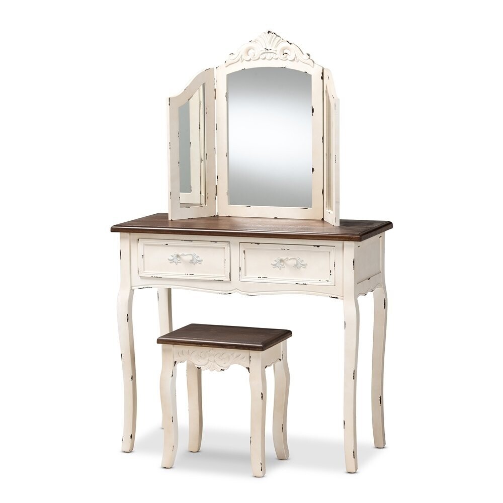 BAXTON STUDIO LEVRON CLASSIC AND TRADITIONAL TWO-TONE WALNUT BROWN AND ANTIQUE WHITE FINISHED WOOD 2-PIECE VANITY SET