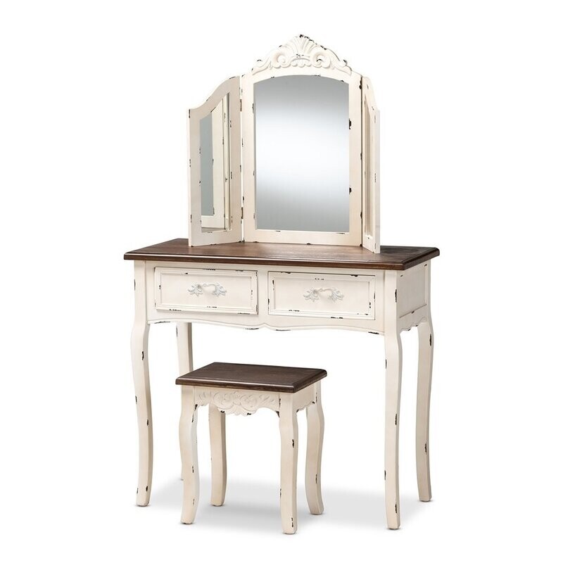BAXTON STUDIO LEVRON CLASSIC AND TRADITIONAL TWO-TONE WALNUT BROWN AND ANTIQUE WHITE FINISHED WOOD 2-PIECE VANITY SET