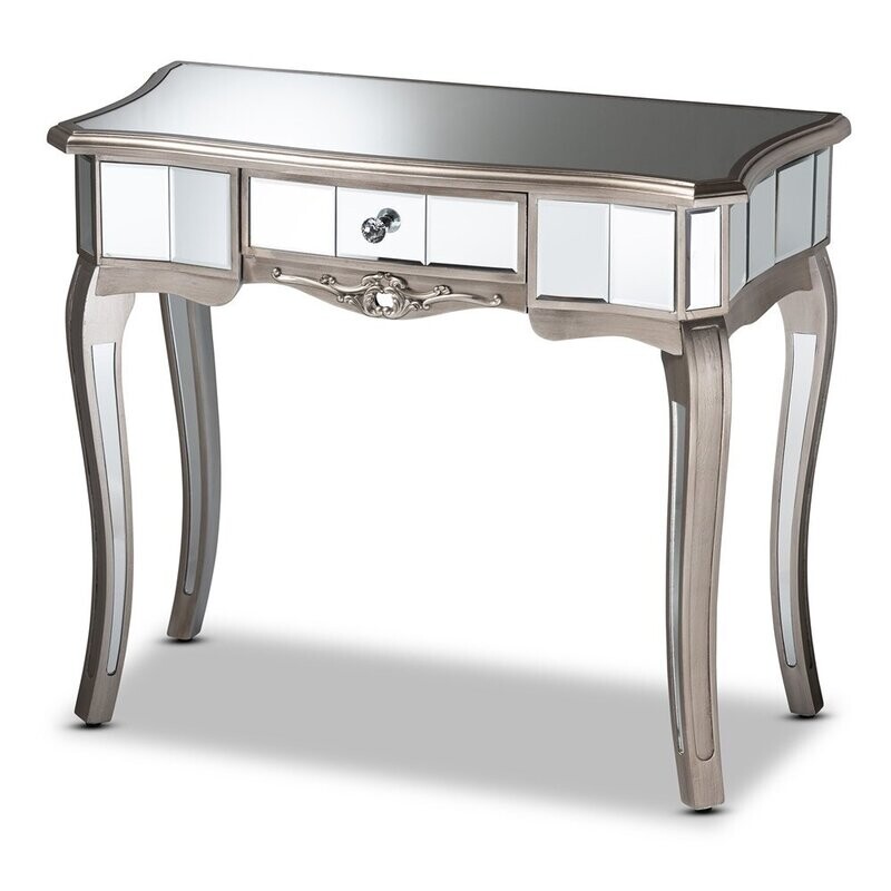 BAXTON STUDIO ELGIN CONTEMPORARY GLAM AND LUXE BRUSHED SILVER FINISHED WOOD AND MIRRORED GLASS 1-DRAWER CONSOLE TABLE
