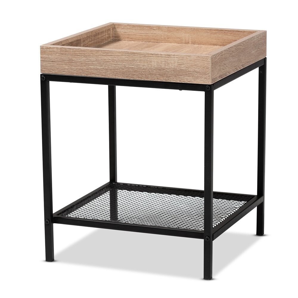 BAXTON STUDIO OVERTON MODERN INDUSTRIAL OAK BROWN FINISHED WOOD AND BLACK METAL END TABLE