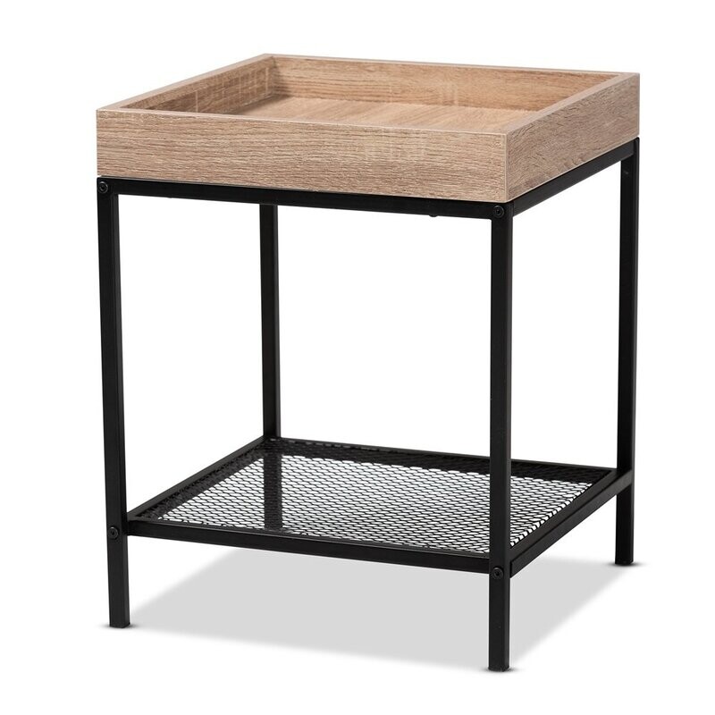 BAXTON STUDIO OVERTON MODERN INDUSTRIAL OAK BROWN FINISHED WOOD AND BLACK METAL END TABLE