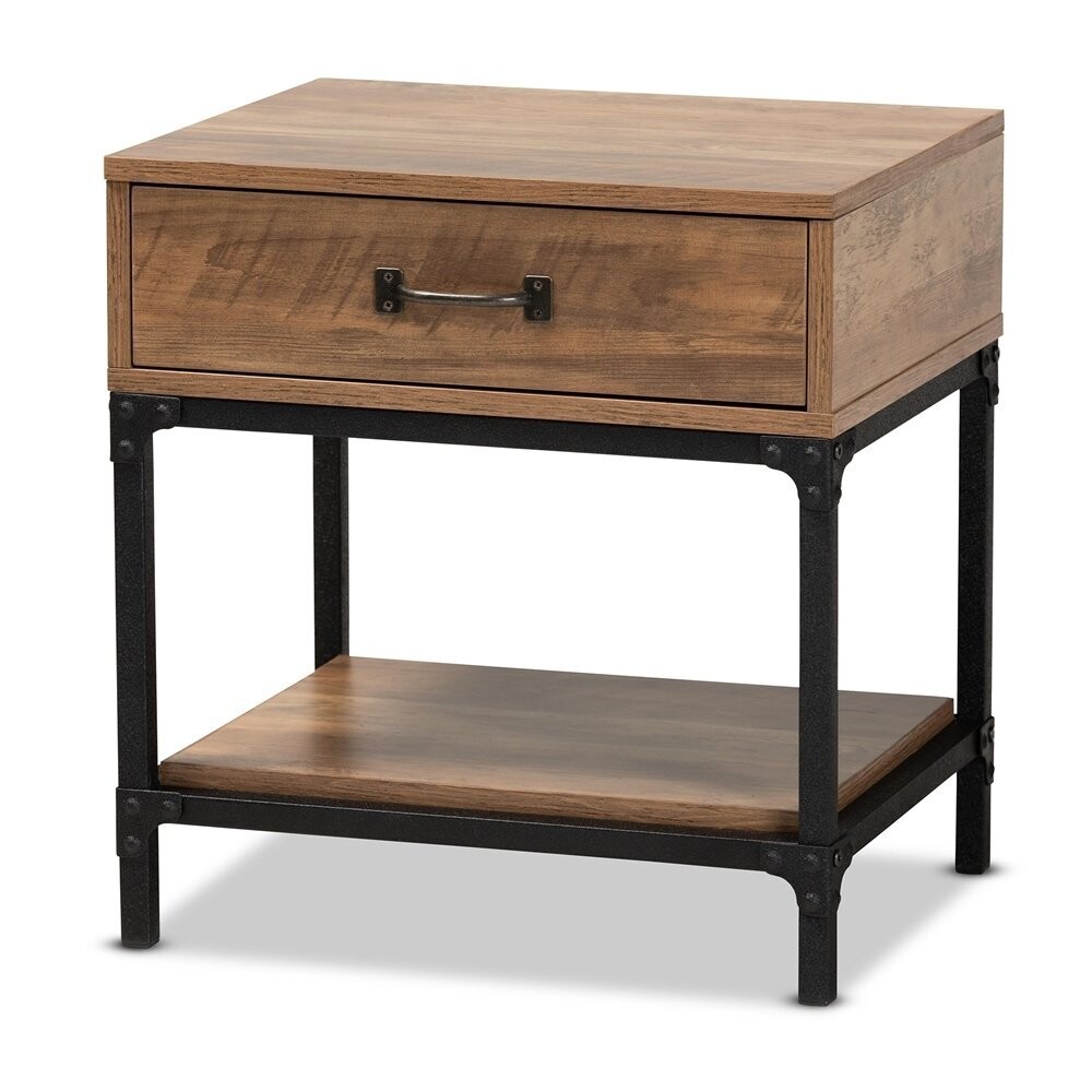 BAXTON STUDIO NORWOOD MODERN INDUSTRIAL WALNUT BROWN FINISHED WOOD AND BLACK METAL 1-DRAWER END TABLE