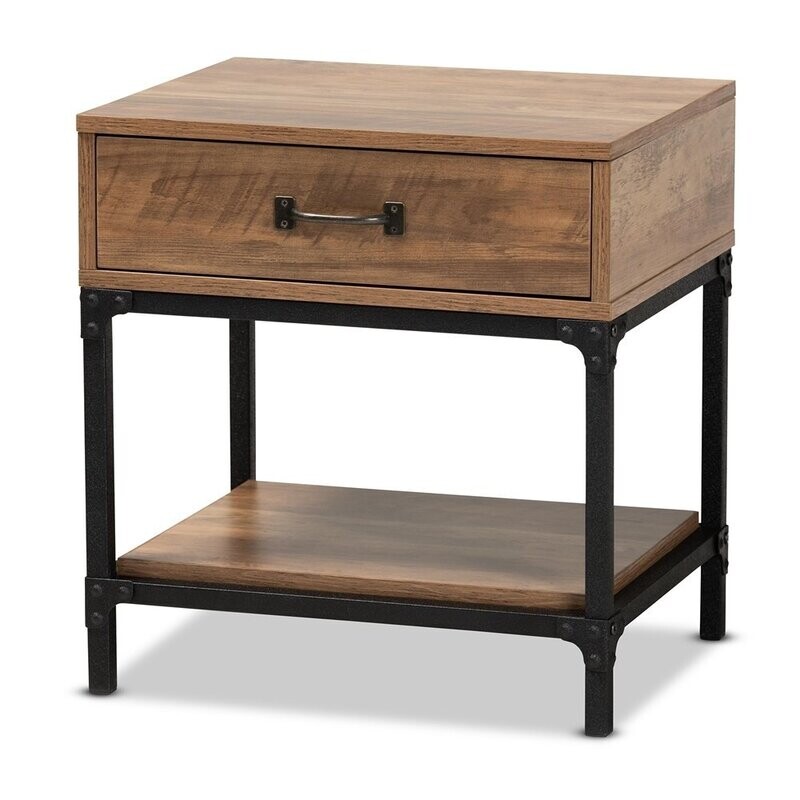 BAXTON STUDIO NORWOOD MODERN INDUSTRIAL WALNUT BROWN FINISHED WOOD AND BLACK METAL 1-DRAWER END TABLE