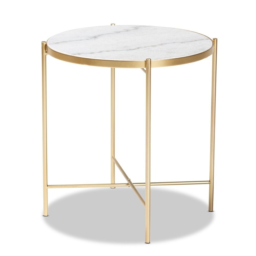 BAXTON STUDIO MADDOCK MODERN AND CONTEMPORARY GOLD FINISHED METAL END TABLE WITH MARBLE TABLETOP