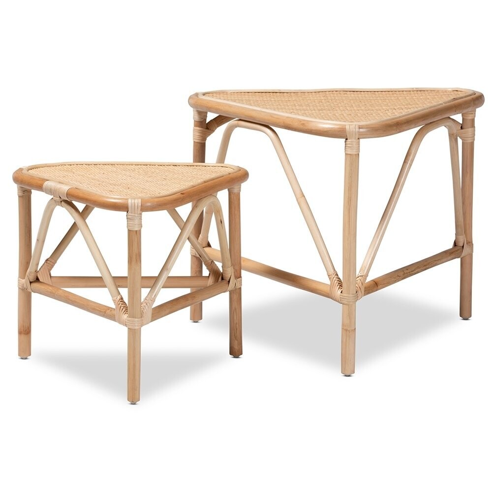 BAXTON STUDIO JAYDEN MODERN BOHEMIAN NATURAL BROWN FINISHED RATTAN 2-PIECE END TABLE SET