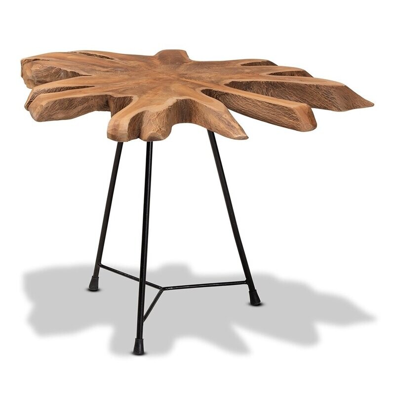 BAXTON STUDIO MERCI RUSTIC INDUSTRIAL NATURAL BROWN AND BLACK END TABLE WITH TEAK TREE TRUNK TABLETOP