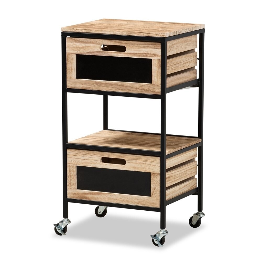 BAXTON STUDIO OLINDA MODERN INDUSTRIAL OAK BROWN FINISHED WOOD AND BLACK METAL 2-DRAWER END TABLE