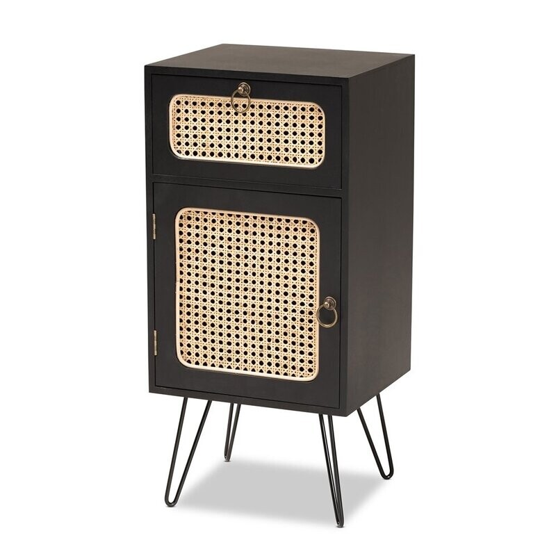 BAXTON STUDIO DAVION MID-CENTURY MODERN ESPRESSO BROWN FINISHED WOOD AND BLACK METAL 1-DRAWER END TABLE WITH RATTAN