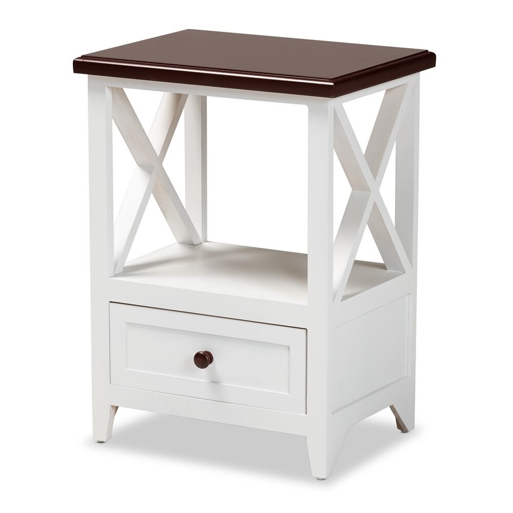 BAXTON STUDIO VESTA MODERN AND CONTEMPORARY TWO-TONE WHITE AND DARK BROWN FINISHED WOOD 1-DRAWER END TABLE