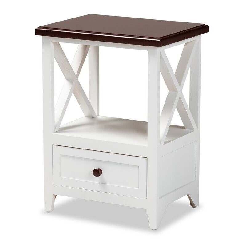 BAXTON STUDIO VESTA MODERN AND CONTEMPORARY TWO-TONE WHITE AND DARK BROWN FINISHED WOOD 1-DRAWER END TABLE