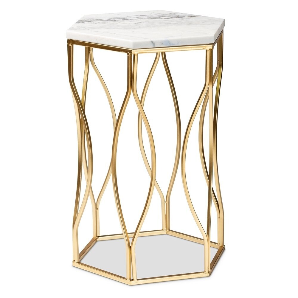 BAXTON STUDIO KALENA MODERN AND CONTEMPORARY GOLD METAL END TABLE WITH MARBLE TABLETOP