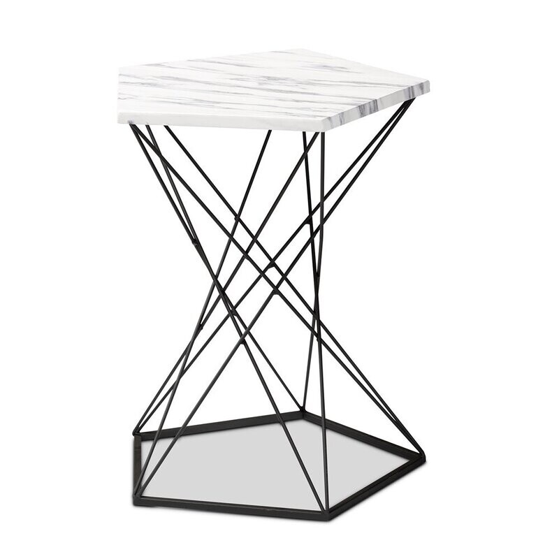 BAXTON STUDIO OBERON MODERN AND CONTEMPORARY BLACK FINISHED METAL END TABLE WITH FAUX MARBLE TABLETOP