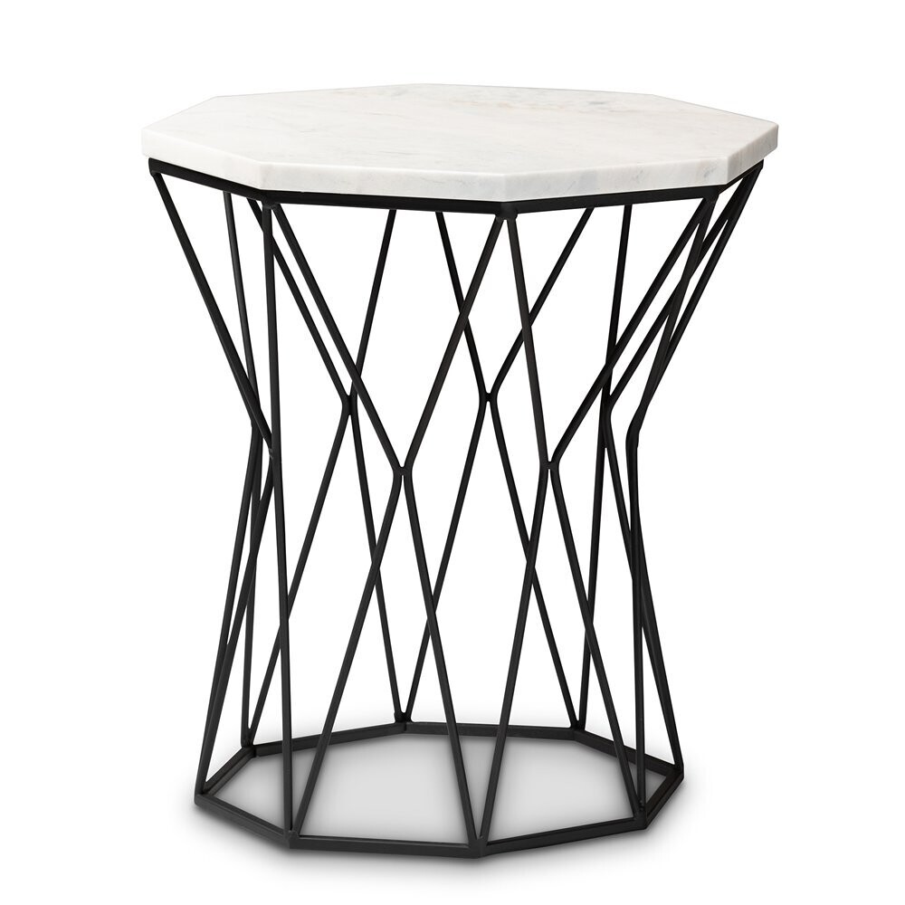 BAXTON STUDIO VENEDICT MODERN AND CONTEMPORARY BLACK METAL END TABLE WITH MARBLE TABLETOP