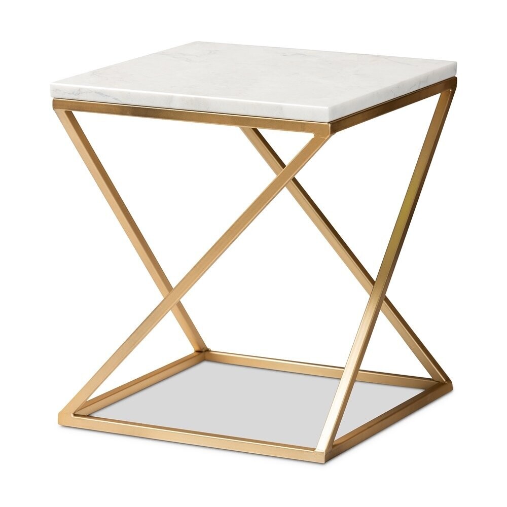 BAXTON STUDIO HADLEY MODERN AND CONTEMPORARY GOLD FINISHED METAL END TABLE WITH MARBLE TABLETOP