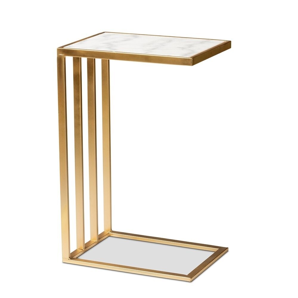 BAXTON STUDIO PARKIN MODERN AND CONTEMPORARY GOLD FINISHED METAL C SHAPED END TABLE WITH MARBLE TABLETOP