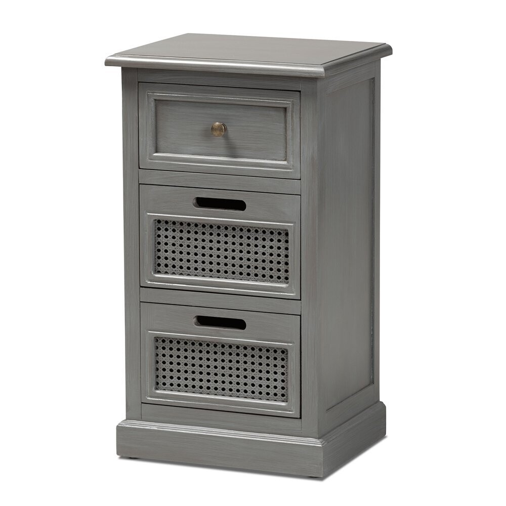 BAXTON STUDIO SHELDON MODERN AND CONTEMPORARY VINTAGE GREY FINISHED WOOD AND SYNTHETIC RATTAN 3-DRAWER END TABLE