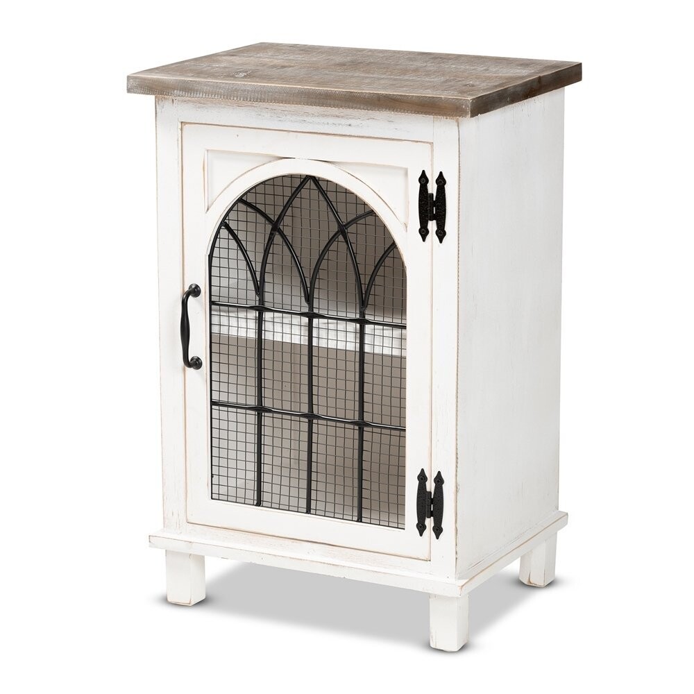 BAXTON STUDIO FARON CLASSIC AND TRADITIONAL FARMHOUSE TWO-TONE DISTRESSED WHITE AND OAK BROWN FINISHED WOOD 1-DOOR END TABLE