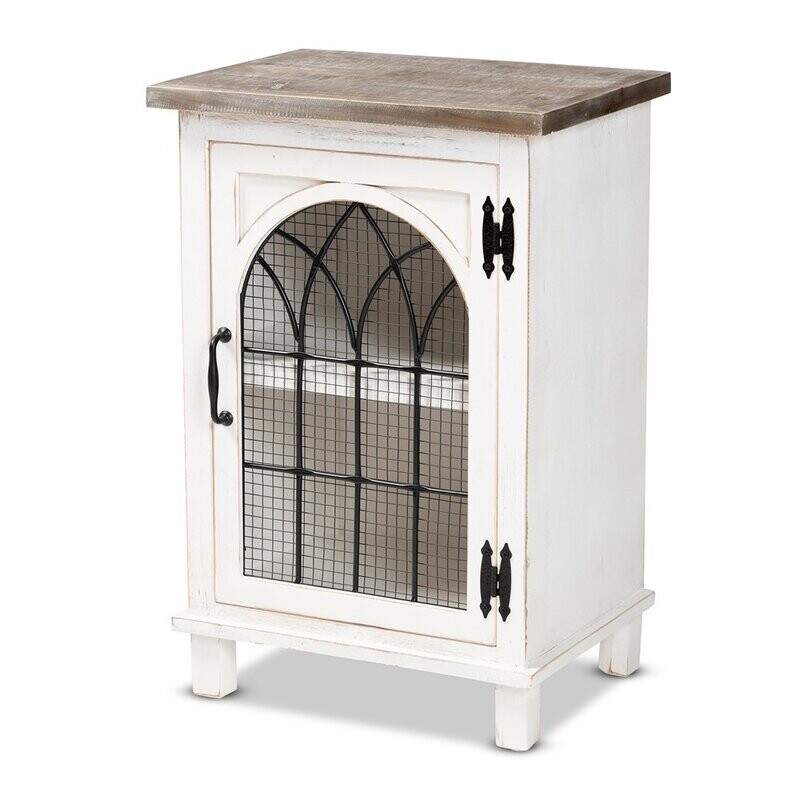BAXTON STUDIO FARON CLASSIC AND TRADITIONAL FARMHOUSE TWO-TONE DISTRESSED WHITE AND OAK BROWN FINISHED WOOD 1-DOOR END TABLE