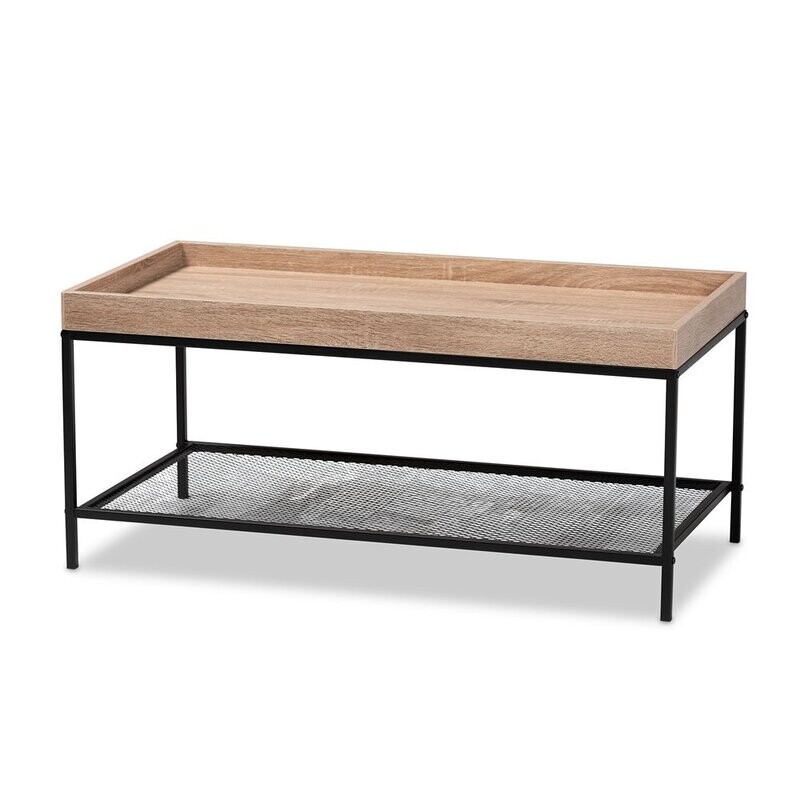 BAXTON STUDIO OVERTON MODERN INDUSTRIAL OAK BROWN FINISHED WOOD AND BLACK METAL COFFEE TABLE
