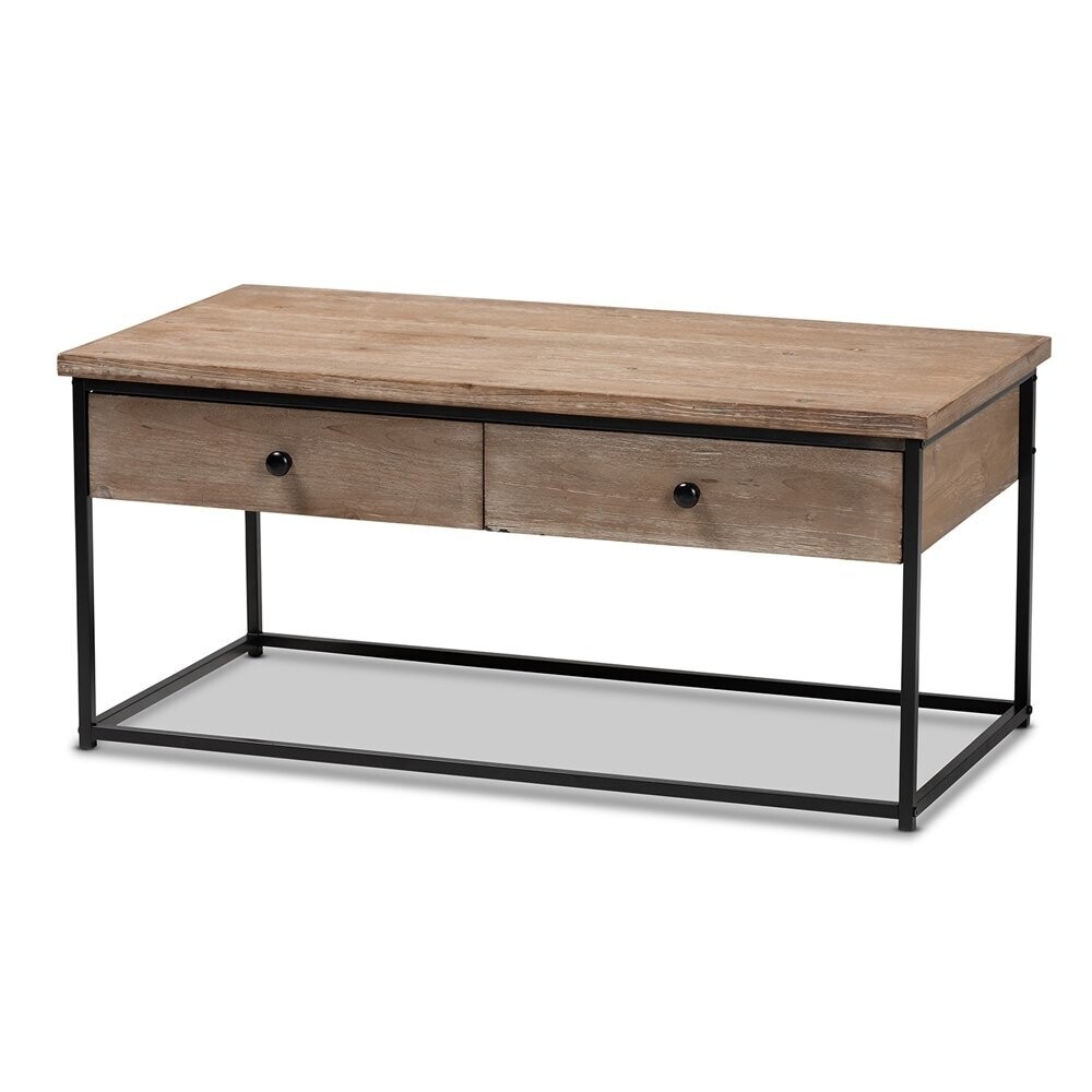 BAXTON STUDIO RODERICK MODERN AND CONTEMPORARY WEATHERED OAK FINISHED WOOD AND BLACK METAL 2-DRAWER COFFEE TABLE