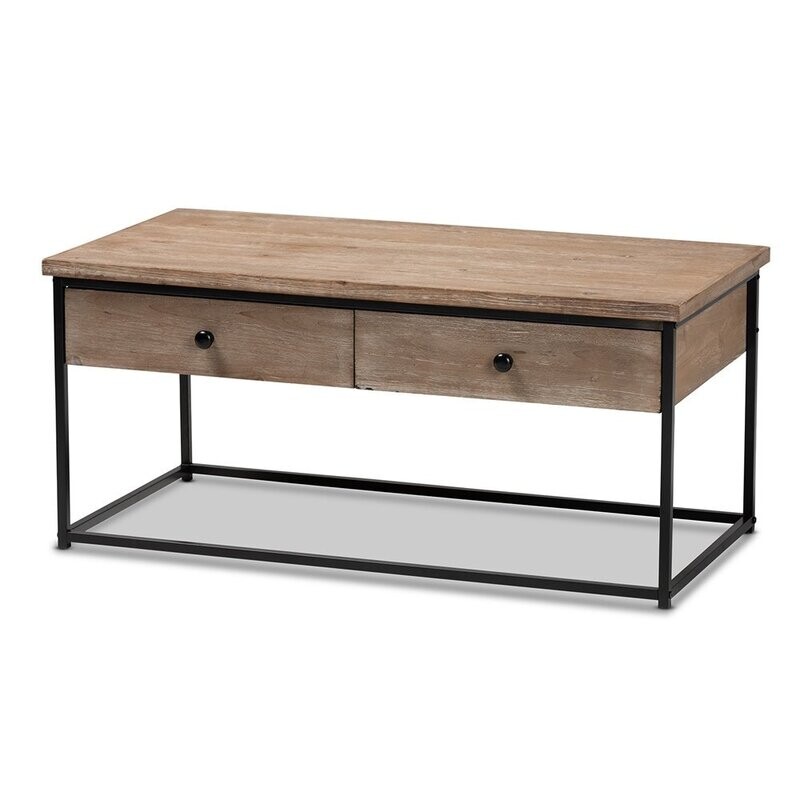 BAXTON STUDIO RODERICK MODERN AND CONTEMPORARY WEATHERED OAK FINISHED WOOD AND BLACK METAL 2-DRAWER COFFEE TABLE