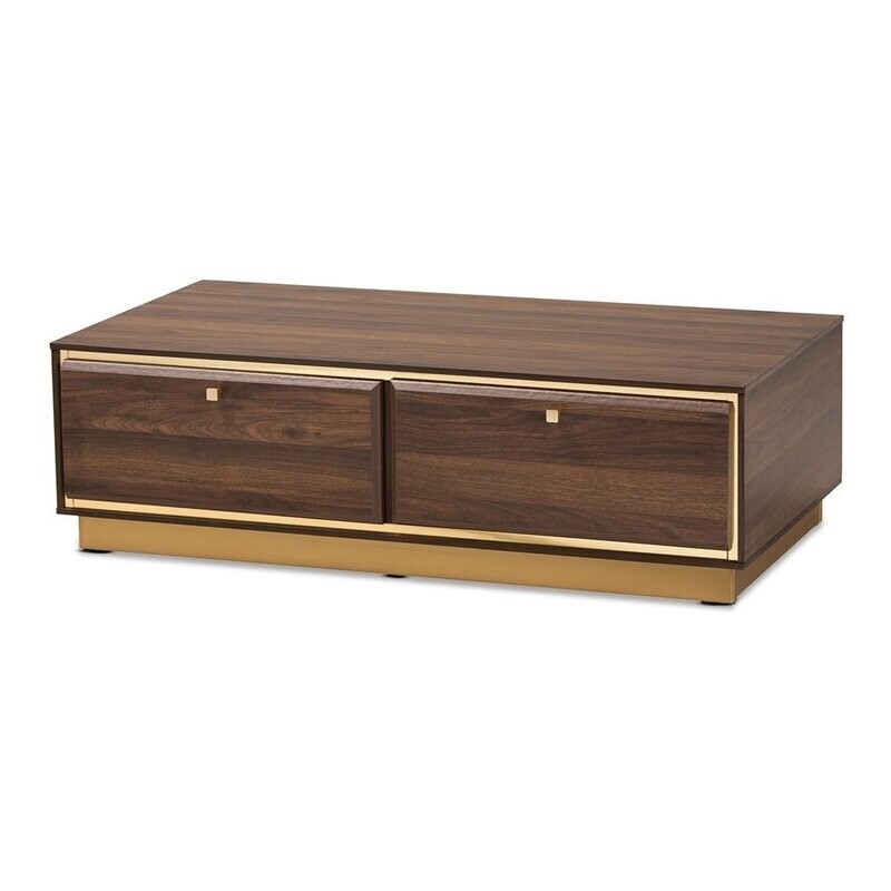 BAXTON STUDIO CORMAC MID-CENTURY MODERN TRANSITIONAL WALNUT BROWN FINISHED WOOD AND GOLD METAL 2-DRAWER COFFEE TABLE