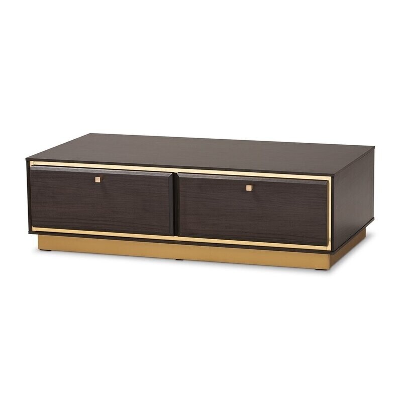 BAXTON STUDIO CORMAC MID-CENTURY MODERN TRANSITIONAL DARK BROWN FINISHED WOOD AND GOLD METAL 2-DRAWER COFFEE TABLE