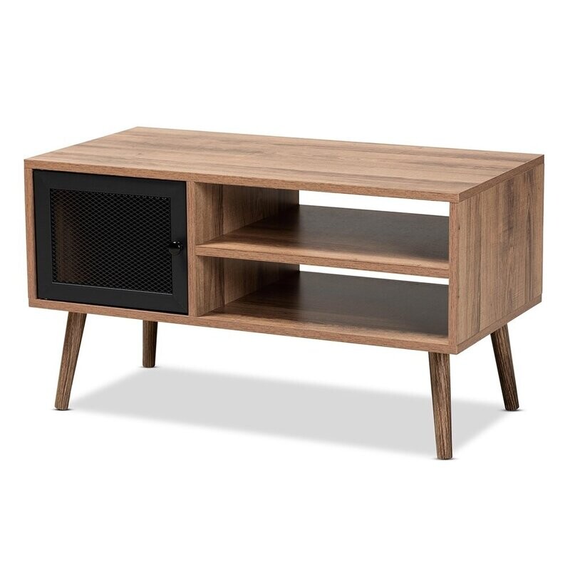 BAXTON STUDIO YUNA MID-CENTURY MODERN TRANSITIONAL NATURAL BROWN FINISHED WOOD AND BLACK METAL 1-DOOR COFFEE TABLE