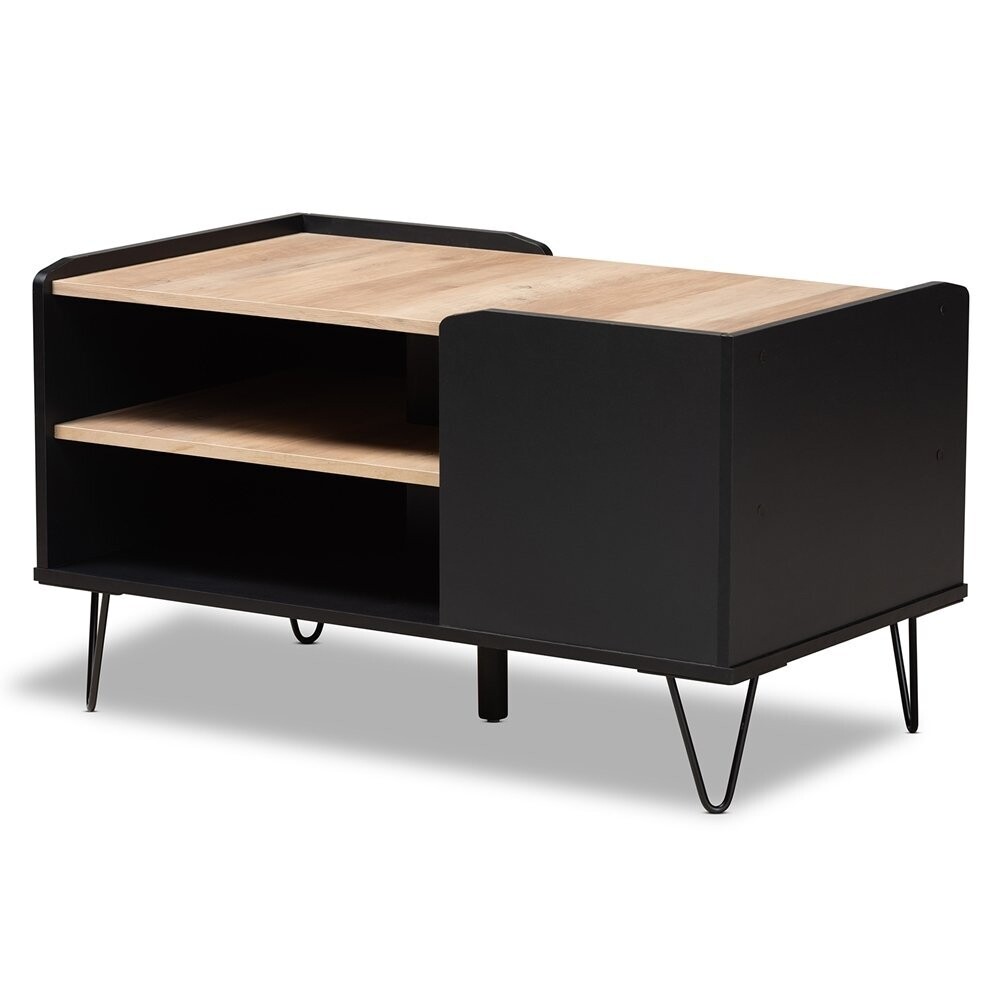 BAXTON STUDIO LILITH MODERN AND CONTEMPORARY TWO-TONE BLACK AND OAK BROWN FINISHED WOOD AND METAL 3-TIER COFFEE TABLE
