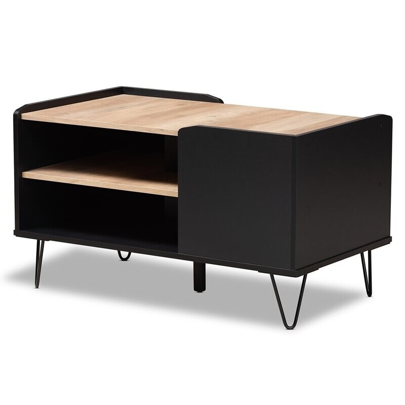 BAXTON STUDIO LILITH MODERN AND CONTEMPORARY TWO-TONE BLACK AND OAK BROWN FINISHED WOOD AND METAL 3-TIER COFFEE TABLE