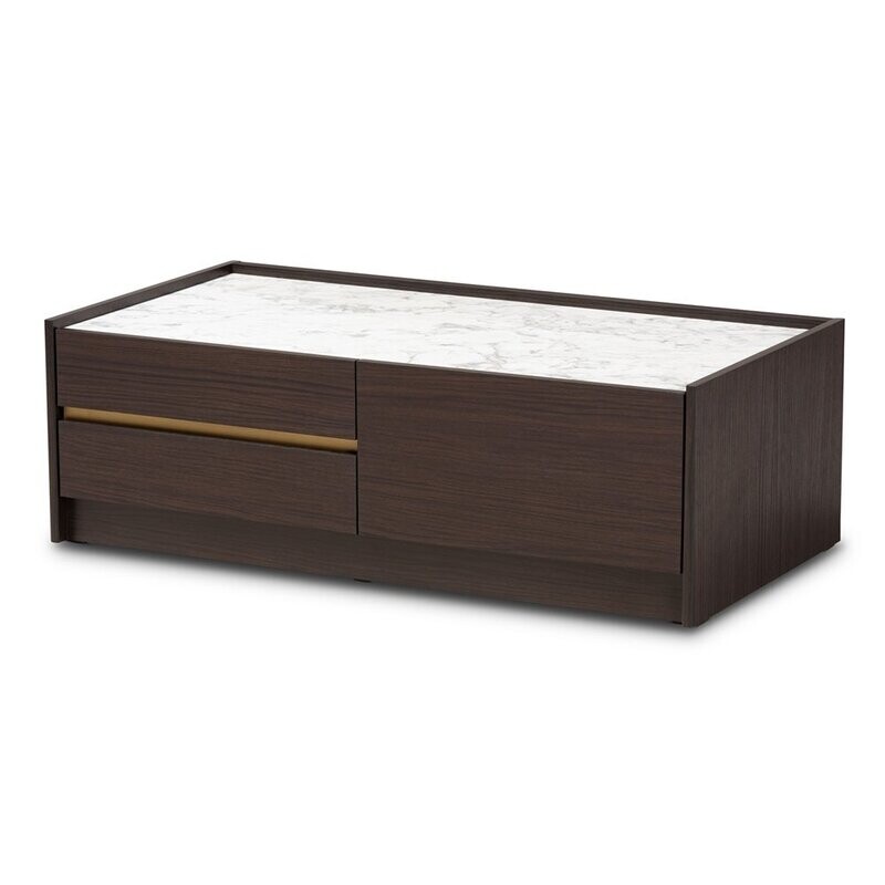 BAXTON STUDIO WALKER MODERN AND CONTEMPORARY DARK BROWN AND GOLD FINISHED WOOD COFFEE TABLE WITH FAUX MARBLE TOP