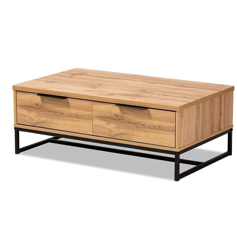 BAXTON STUDIO FRANKLIN MODERN AND CONTEMPORARY OAK BROWN FINISHED WOOD AND BLACK FINISHED METAL 2-DRAWER COFFEE TABLE