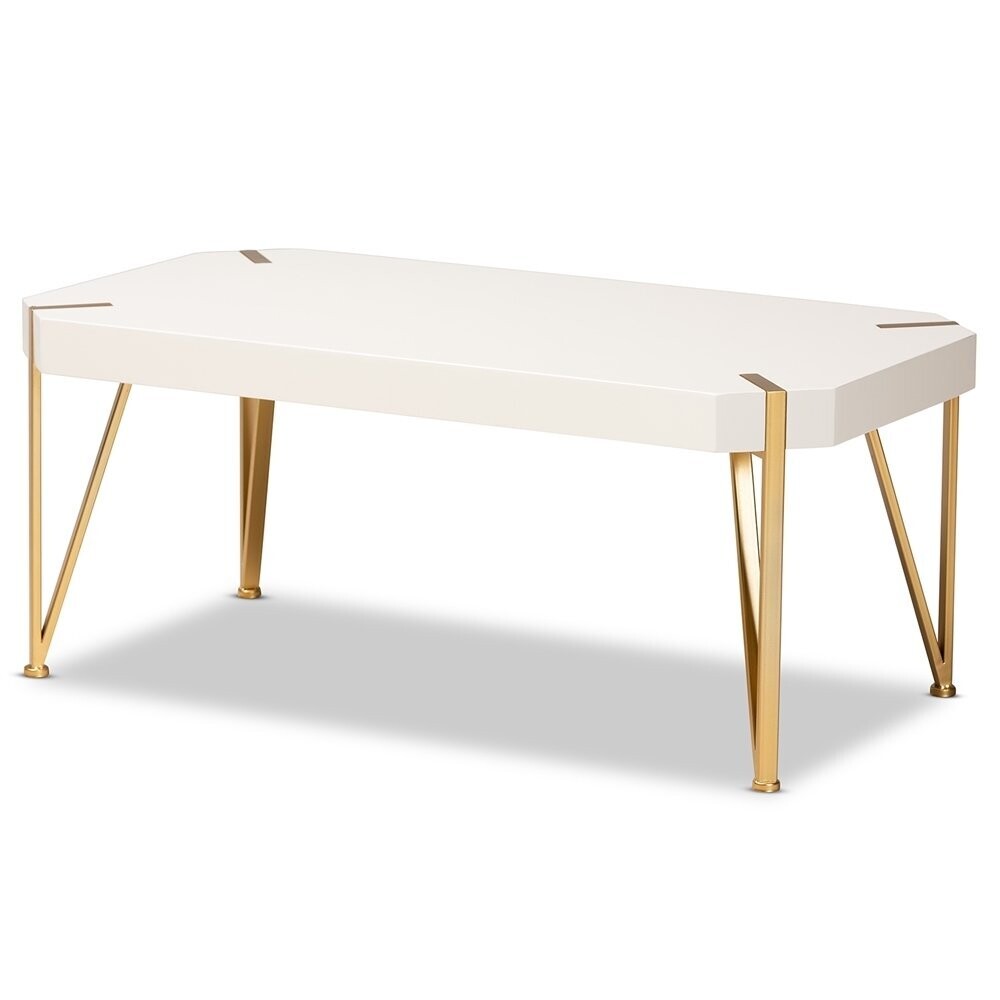 BAXTON STUDIO KASSA CONTEMPORARY GLAM AND LUXE BRUSHED GOLD METAL AND WHITE FINISHED WOOD COFFEE TABLE