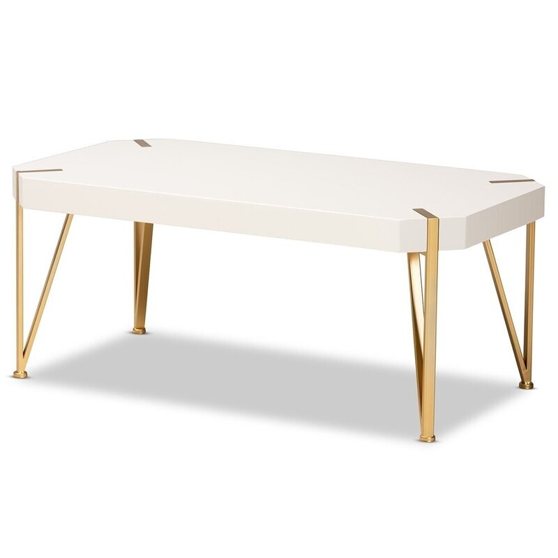 BAXTON STUDIO KASSA CONTEMPORARY GLAM AND LUXE BRUSHED GOLD METAL AND WHITE FINISHED WOOD COFFEE TABLE