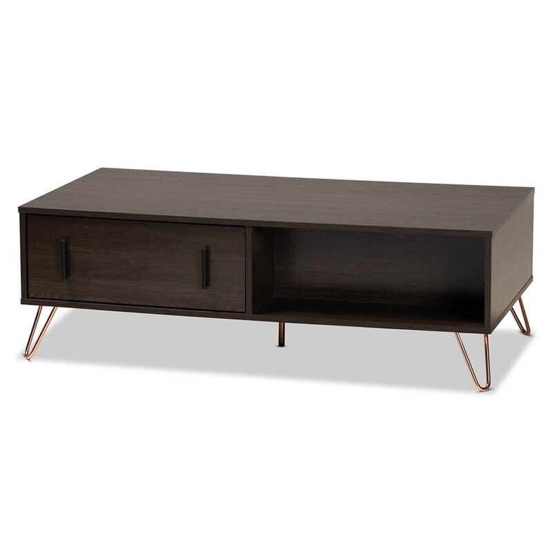 BAXTON STUDIO BALDOR MODERN AND CONTEMPORARY DARK BROWN FINISHED WOOD AND ROSE GOLD-TONE FINISHED METAL 2-DRAWER COFFEE TABLE