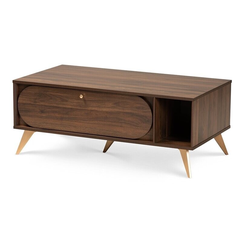 BAXTON STUDIO EDEL MID-CENTURY MODERN WALNUT BROWN AND GOLD FINISHED WOOD COFFEE TABLE