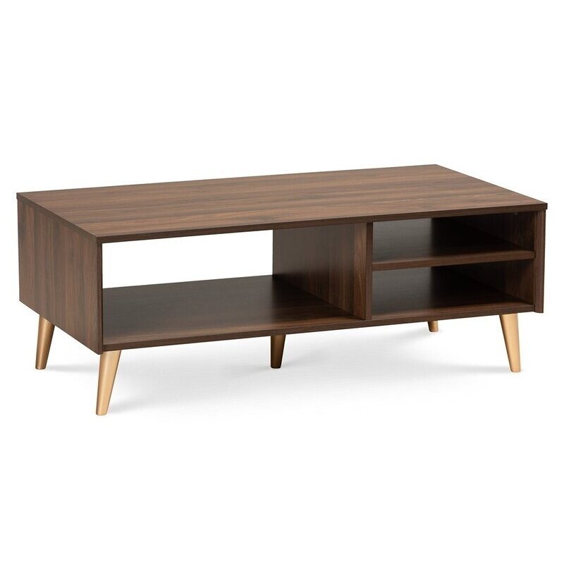 BAXTON STUDIO LANDEN MID-CENTURY MODERN WALNUT BROWN AND GOLD FINISHED WOOD COFFEE TABLE