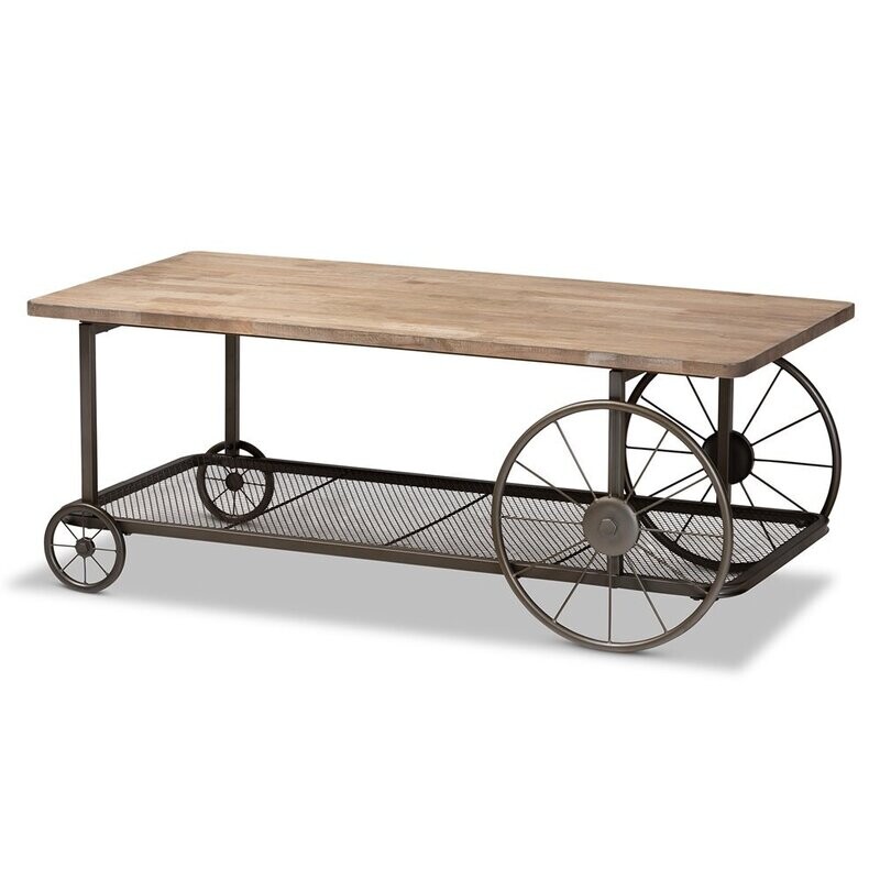 BAXTON STUDIO TERENCE VINTAGE RUSTIC INDUSTRIAL NATURAL FINISHED WOOD AND BLACK FINISHED METAL WHEELED COFFEE TABLE