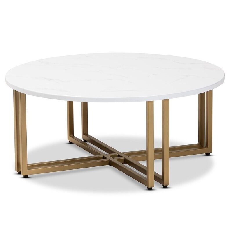 BAXTON STUDIO MAEVE MODERN AND CONTEMPORARY GOLD FINISHED METAL COFFEE TABLE WITH FAUX MARBLE TABLETOP