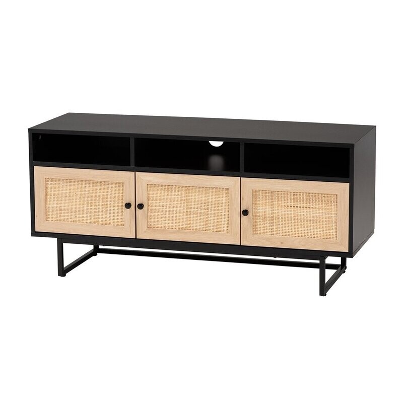 BAXTON STUDIO DECLAN MID-CENTURY MODERN ESPRESSO BROWN FINISHED WOOD AND NATURAL RATTAN 3-DOOR TV STAND