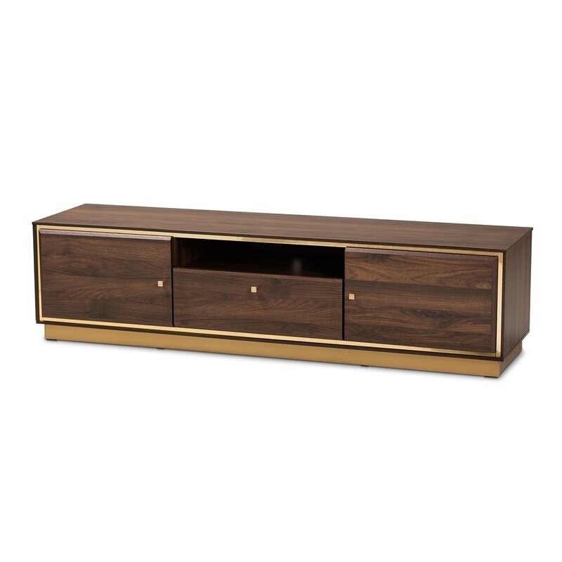 BAXTON STUDIO CORMAC MID-CENTURY MODERN TRANSITIONAL WALNUT BROWN FINISHED WOOD AND GOLD METAL 2-DOOR TV STAND